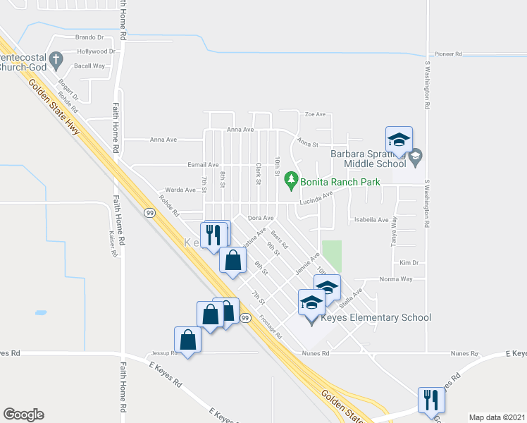 map of restaurants, bars, coffee shops, grocery stores, and more near 5408 Clark Street in Keyes
