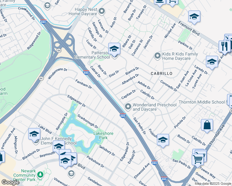 map of restaurants, bars, coffee shops, grocery stores, and more near 35794 Cabral Drive in Fremont