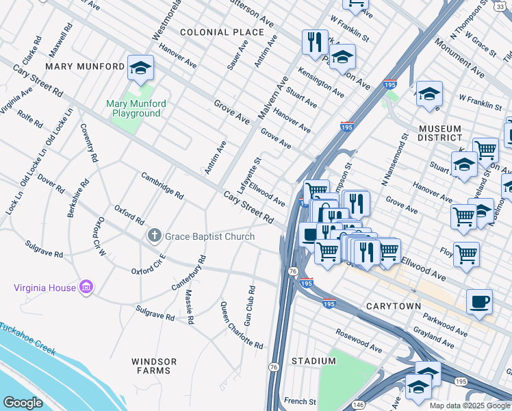 map of restaurants, bars, coffee shops, grocery stores, and more near 3902 Cary Street Road in Richmond