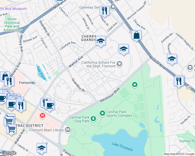 map of restaurants, bars, coffee shops, grocery stores, and more near 39307 Del Oro Terraza in Fremont