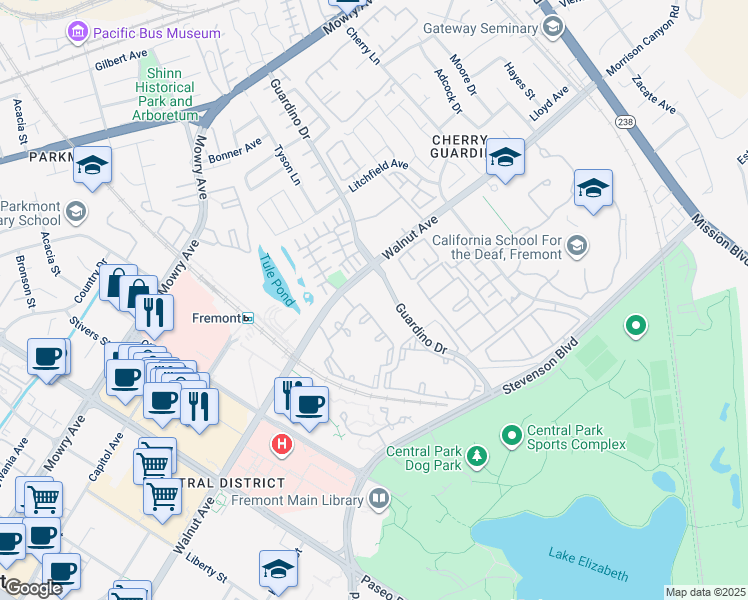 map of restaurants, bars, coffee shops, grocery stores, and more near 39059 Guardino Drive in Fremont