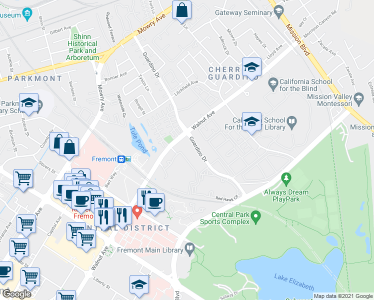 map of restaurants, bars, coffee shops, grocery stores, and more near 39059 Guardino Drive in Fremont