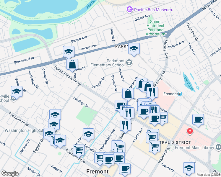 map of restaurants, bars, coffee shops, grocery stores, and more near 2685 Cabot Court in Fremont