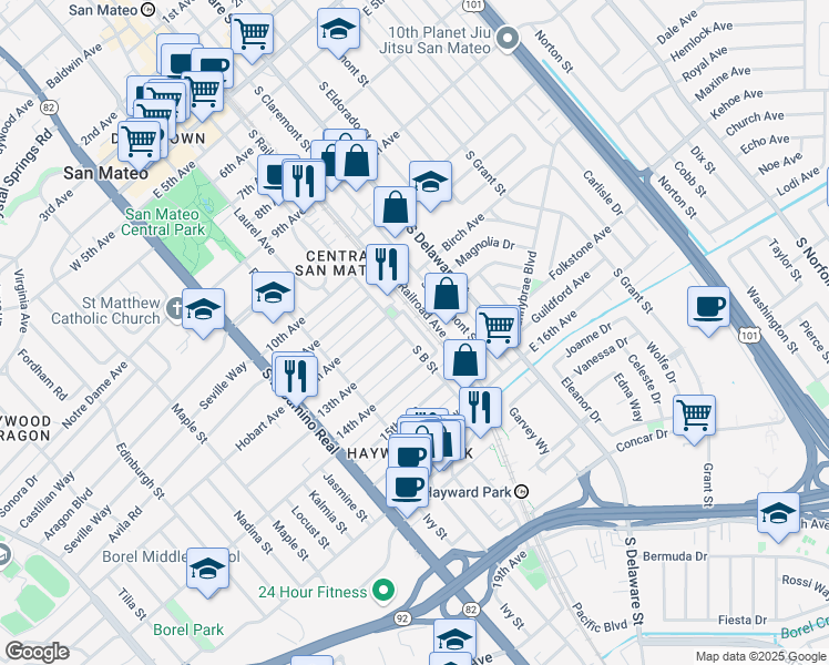 map of restaurants, bars, coffee shops, grocery stores, and more near 1215 South Railroad Avenue in San Mateo