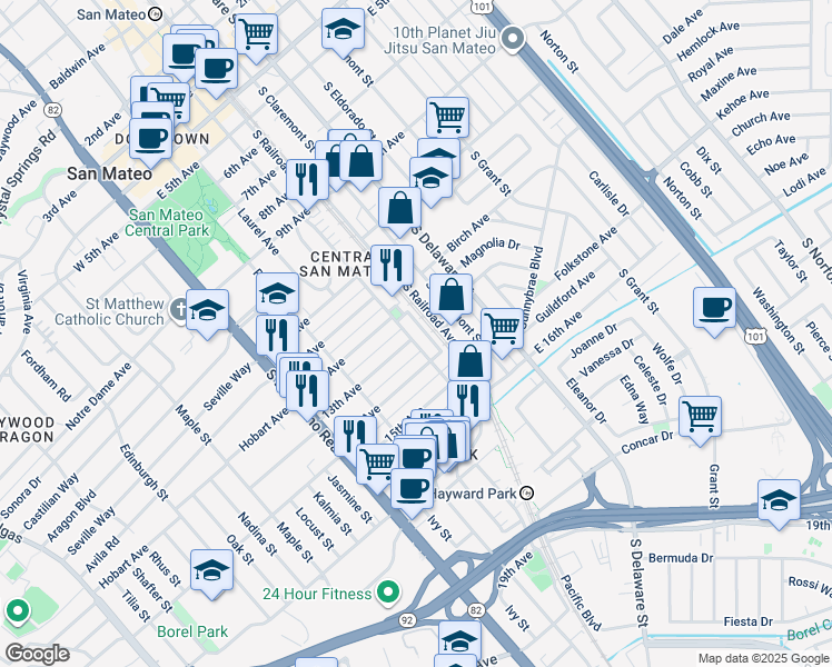 map of restaurants, bars, coffee shops, grocery stores, and more near 1215 South Railroad Avenue in San Mateo