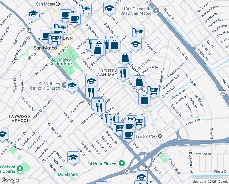 map of restaurants, bars, coffee shops, grocery stores, and more near 148 11th Avenue in San Mateo