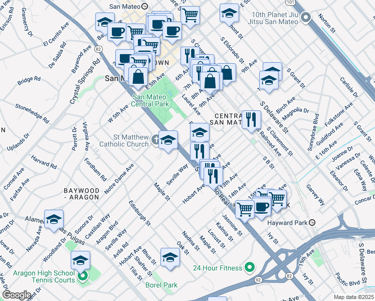 map of restaurants, bars, coffee shops, grocery stores, and more near 5 Hayward Avenue in San Mateo