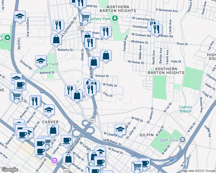map of restaurants, bars, coffee shops, grocery stores, and more near 1700 Brookfield Street in Richmond