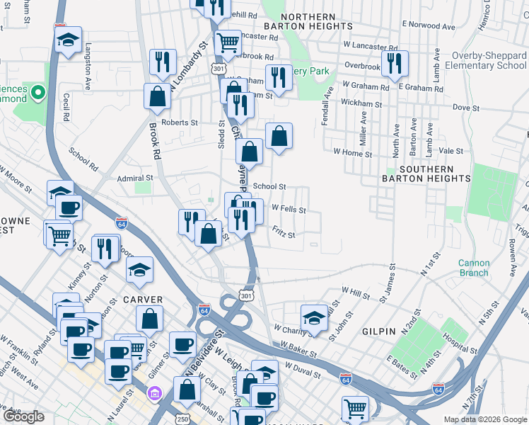 map of restaurants, bars, coffee shops, grocery stores, and more near 712 West Fells Street in Richmond