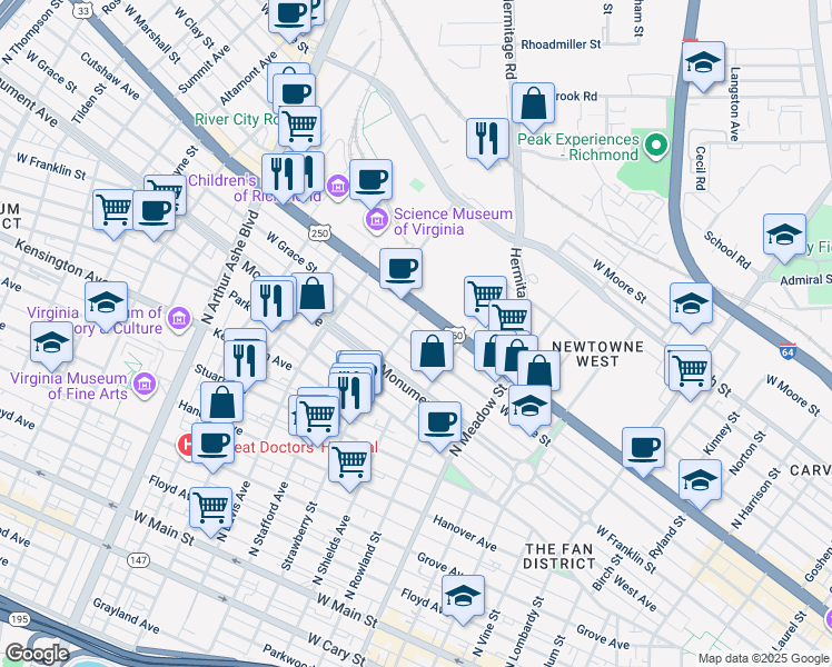 map of restaurants, bars, coffee shops, grocery stores, and more near 2305 West Broad Street in Richmond