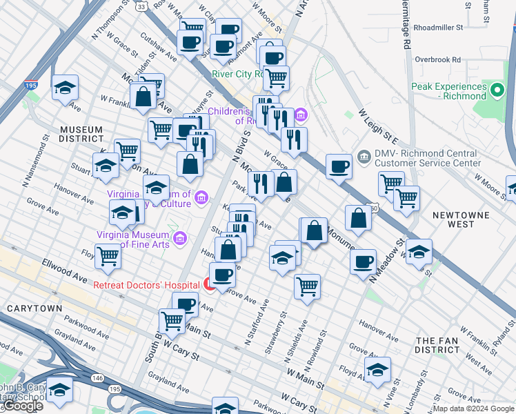 map of restaurants, bars, coffee shops, grocery stores, and more near 2619 Park Avenue in Richmond