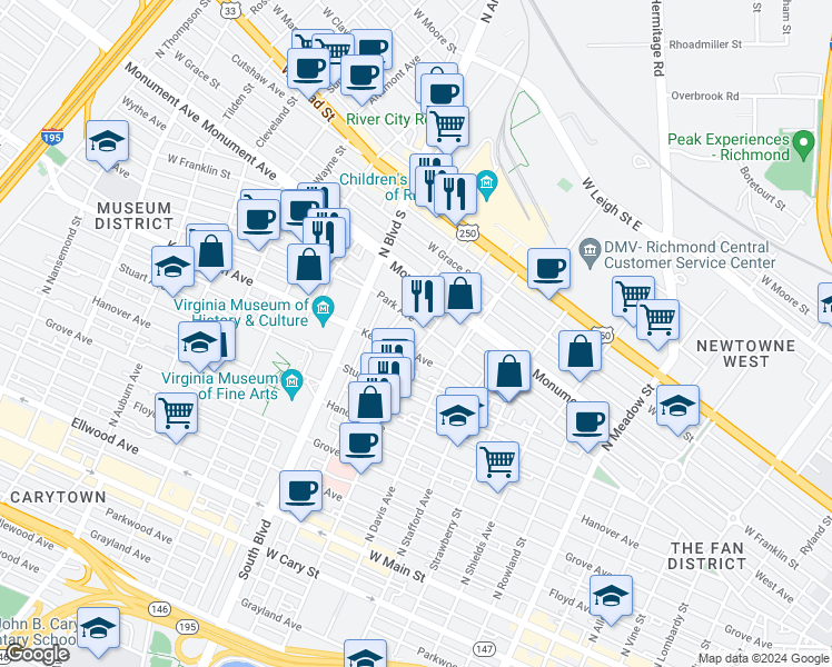 map of restaurants, bars, coffee shops, grocery stores, and more near 2619 Park Avenue in Richmond