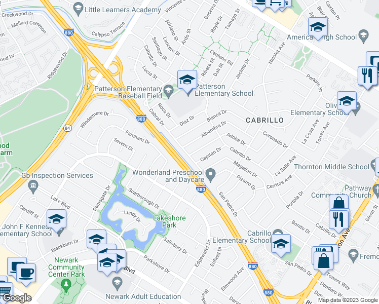 map of restaurants, bars, coffee shops, grocery stores, and more near 35794 Cabral Drive in Fremont