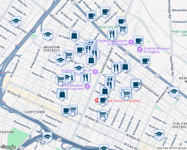 map of restaurants, bars, coffee shops, grocery stores, and more near 2801 Kensington Avenue in Richmond