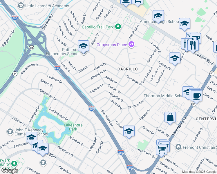 map of restaurants, bars, coffee shops, grocery stores, and more near 36001 Cabrillo Drive in Fremont