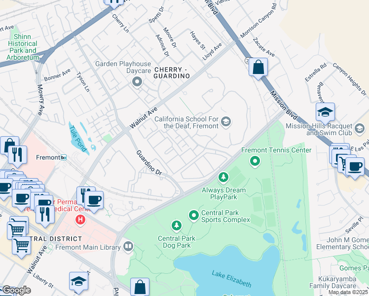 map of restaurants, bars, coffee shops, grocery stores, and more near 39331 Marbella Terraza in Fremont