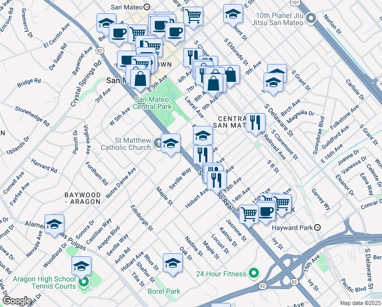 map of restaurants, bars, coffee shops, grocery stores, and more near 955 South El Camino Real in San Mateo