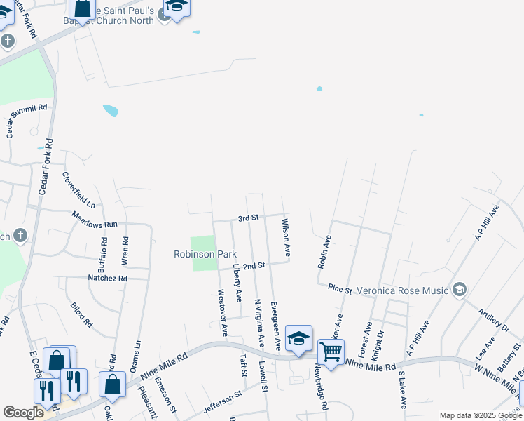 map of restaurants, bars, coffee shops, grocery stores, and more near 202 Evergreen Avenue in Richmond