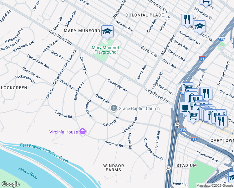 map of restaurants, bars, coffee shops, grocery stores, and more near 105 Windsor Way in Richmond