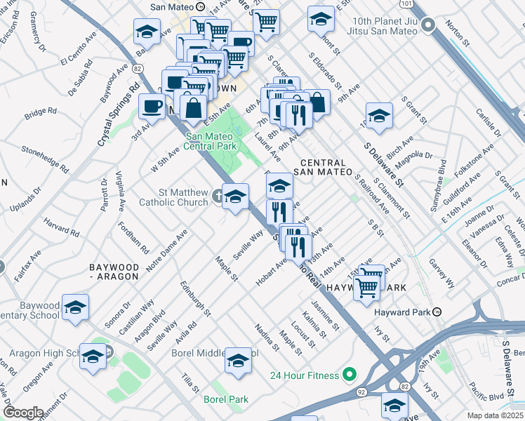 map of restaurants, bars, coffee shops, grocery stores, and more near 955 South El Camino Real in San Mateo