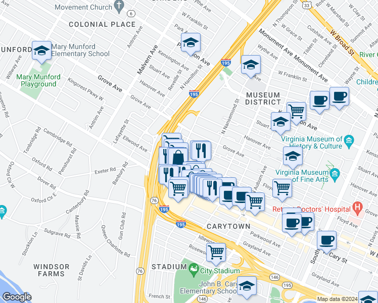 map of restaurants, bars, coffee shops, grocery stores, and more near 3536 Floyd Avenue in Richmond