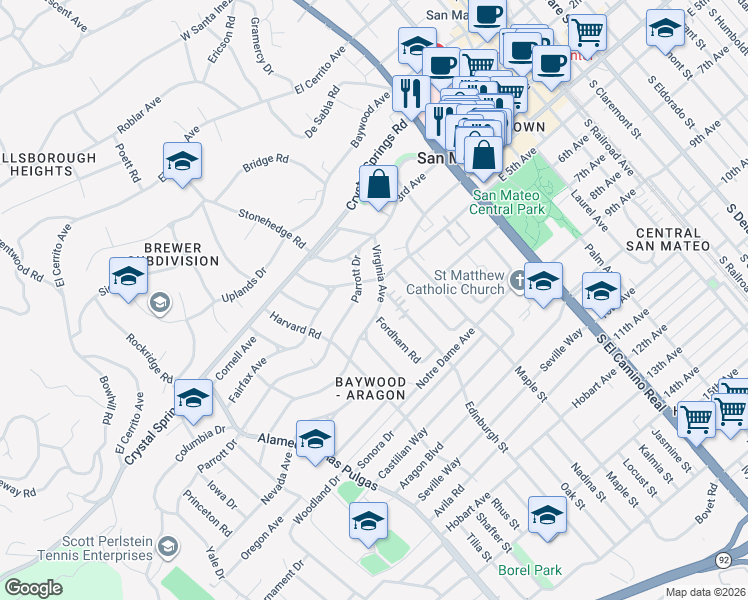 map of restaurants, bars, coffee shops, grocery stores, and more near 310 Virginia Avenue in San Mateo