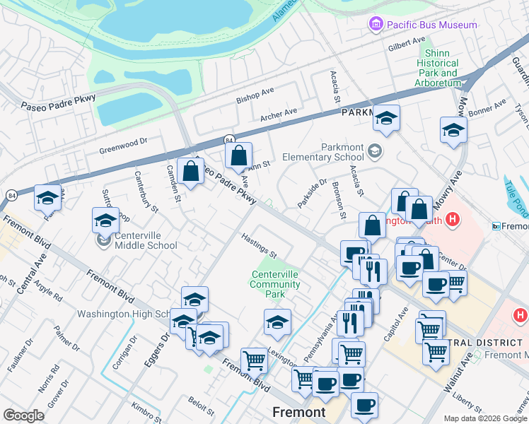 map of restaurants, bars, coffee shops, grocery stores, and more near 38228 Paseo Padre Parkway in Fremont