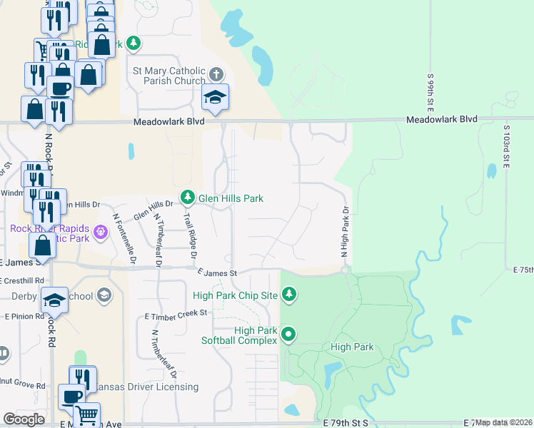 map of restaurants, bars, coffee shops, grocery stores, and more near 1224 Beau Jardin in Derby