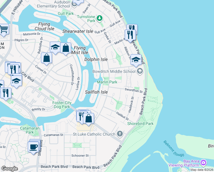 map of restaurants, bars, coffee shops, grocery stores, and more near 1001 Marlin Avenue in Foster City