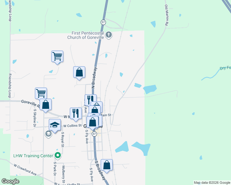map of restaurants, bars, coffee shops, grocery stores, and more near 320N North Old Marion Road in Goreville