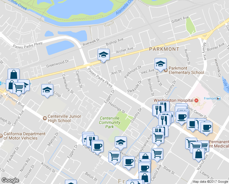 map of restaurants, bars, coffee shops, grocery stores, and more near 3006 Eggers Drive in Fremont