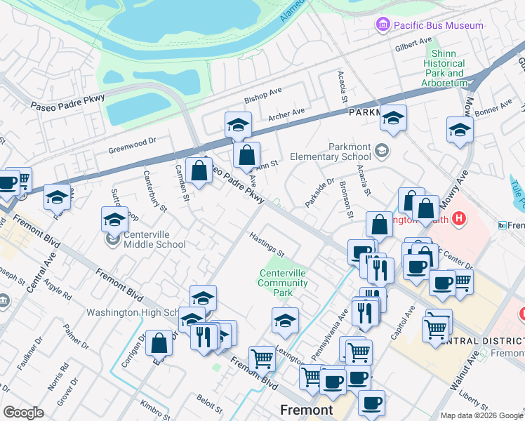 map of restaurants, bars, coffee shops, grocery stores, and more near 3006 Eggers Drive in Fremont