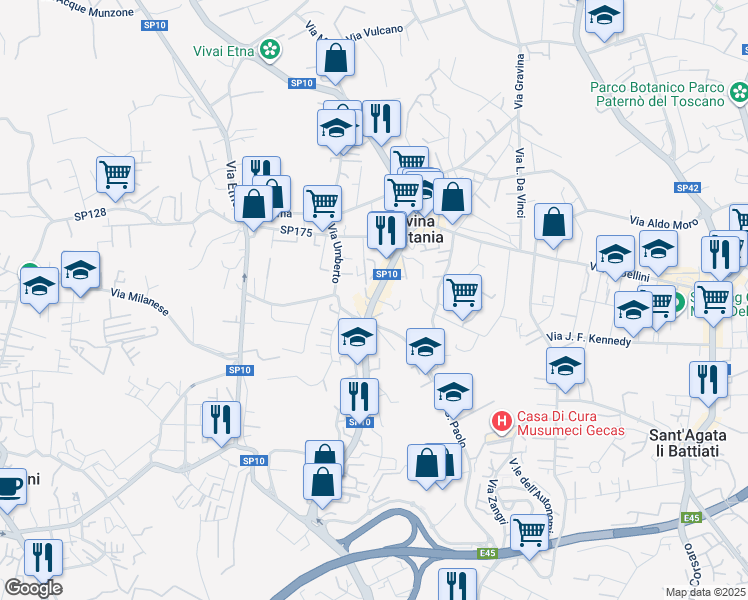 map of restaurants, bars, coffee shops, grocery stores, and more near Via Antonio Gramsci in Gravina di Catania