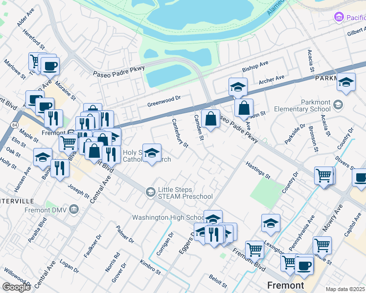 map of restaurants, bars, coffee shops, grocery stores, and more near 3692 Sutton Loop in Fremont