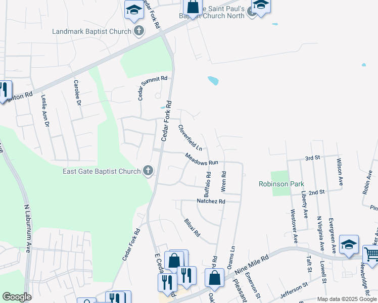 map of restaurants, bars, coffee shops, grocery stores, and more near 5114 Meadows Run in Richmond