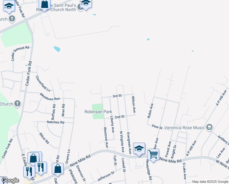 map of restaurants, bars, coffee shops, grocery stores, and more near 204 North Virginia Avenue in Richmond