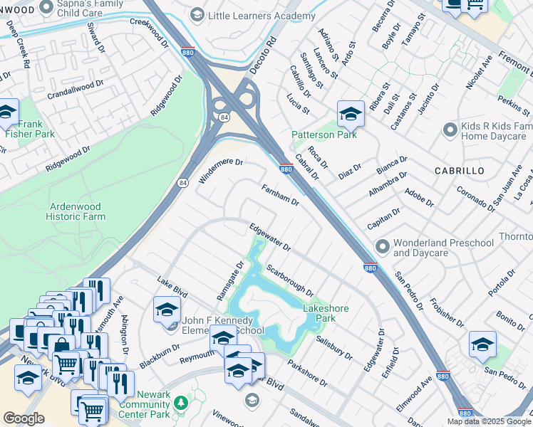 map of restaurants, bars, coffee shops, grocery stores, and more near 35375 Severn Drive in Newark