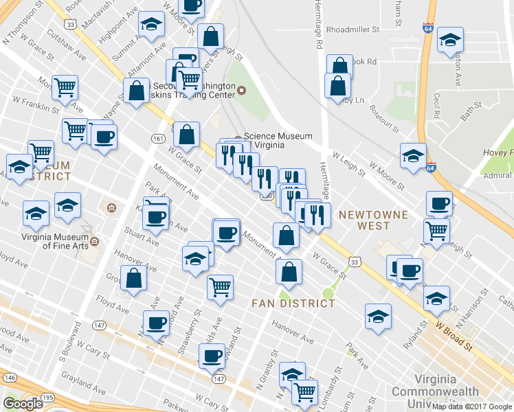 map of restaurants, bars, coffee shops, grocery stores, and more near 2238 West Grace Street in Richmond
