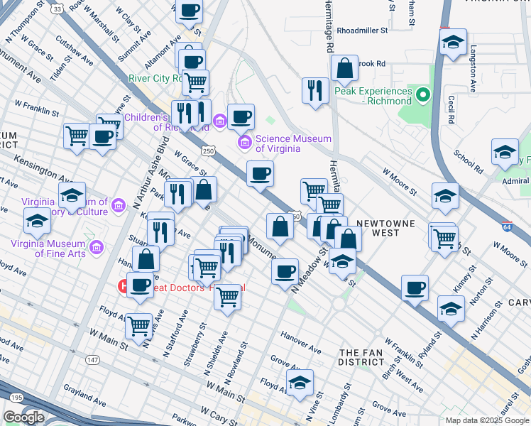 map of restaurants, bars, coffee shops, grocery stores, and more near 2238 West Grace Street in Richmond
