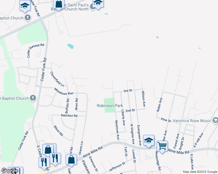 map of restaurants, bars, coffee shops, grocery stores, and more near 408 Westover Pines Drive in Richmond