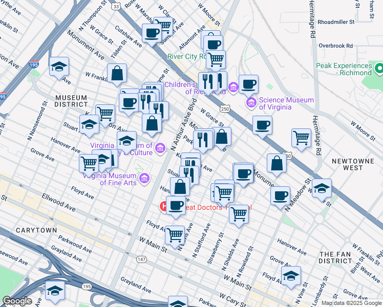 map of restaurants, bars, coffee shops, grocery stores, and more near 509 North Mulberry Street in Richmond