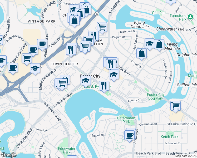 map of restaurants, bars, coffee shops, grocery stores, and more near 738 Eppleton Lane in Foster City
