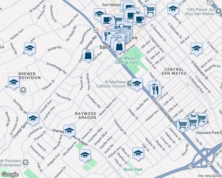 map of restaurants, bars, coffee shops, grocery stores, and more near 720 West Capistrano Way in San Mateo