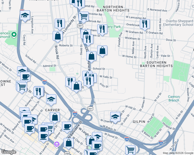 map of restaurants, bars, coffee shops, grocery stores, and more near 712 West Fells Street in Richmond