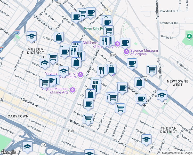 map of restaurants, bars, coffee shops, grocery stores, and more near 2619 Park Avenue in Richmond