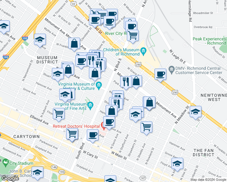 map of restaurants, bars, coffee shops, grocery stores, and more near 505 Virginia 161 in Richmond