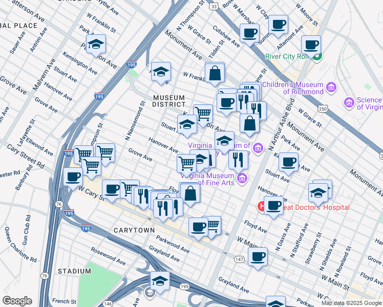 map of restaurants, bars, coffee shops, grocery stores, and more near 3212 Hanover Avenue in Richmond