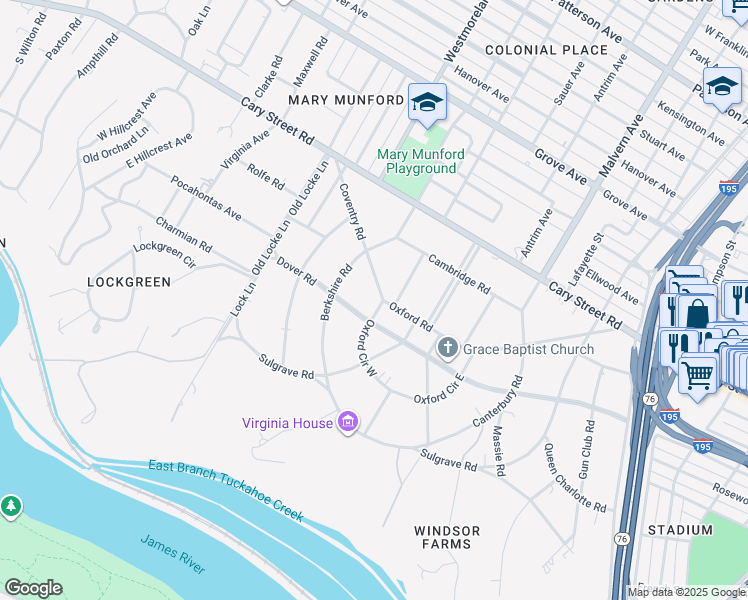 map of restaurants, bars, coffee shops, grocery stores, and more near 4309 Coventry Road in Richmond