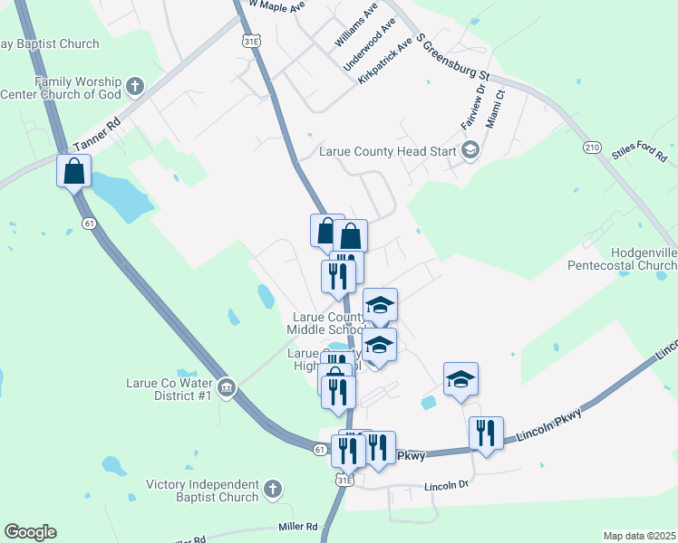 map of restaurants, bars, coffee shops, grocery stores, and more near 706 South Lincoln Boulevard in Hodgenville