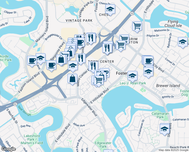 map of restaurants, bars, coffee shops, grocery stores, and more near 950 Tower Lane in Foster City